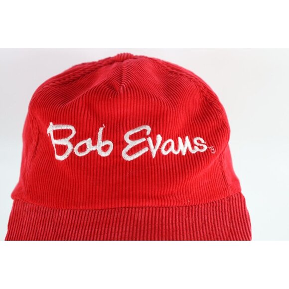 Vintage 90s Streetwear Faded Spell Out Bob Evans Corduroy Snapback Hat Cap Red - Picture 2 of 9